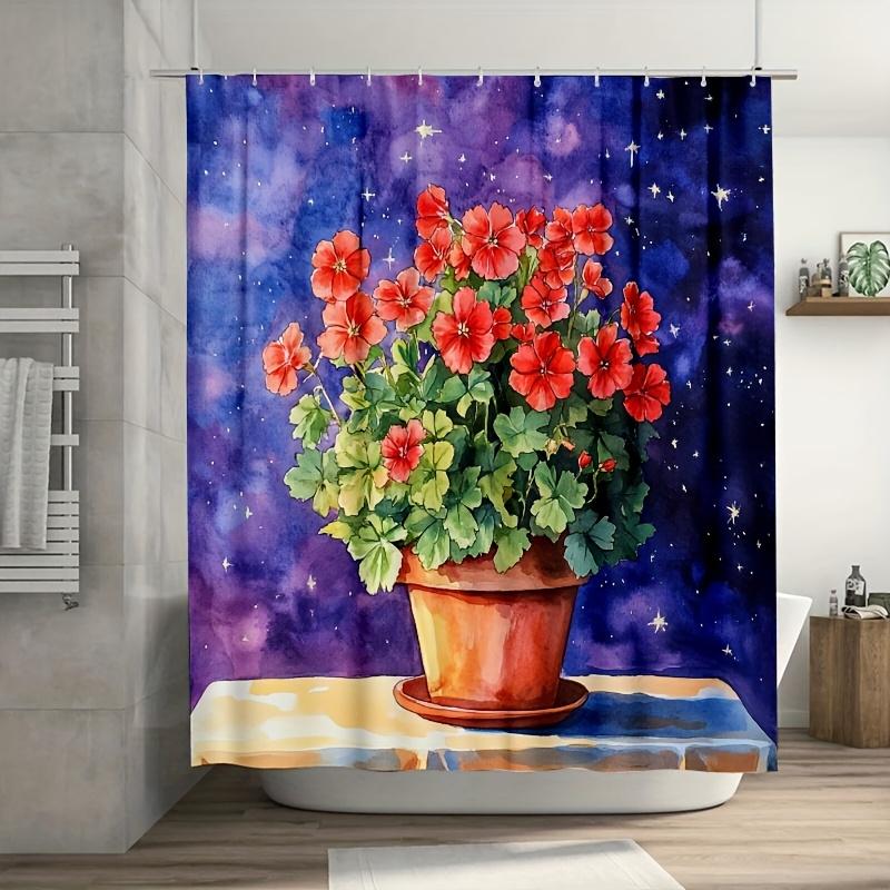 

1Pc Watercolor Red Geraniums Shower Curtain - Starry Night Design, 71X71 Inch, Polyester, 12 Hooks, Summer Bathroom Decor W60H190(CM)-1 Pcs