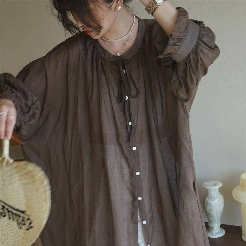 Spring Autumn Women's Vintage Ramie Shirt Dress Women Lantern Sleeve Design Dresses Loose Thin Vestidos