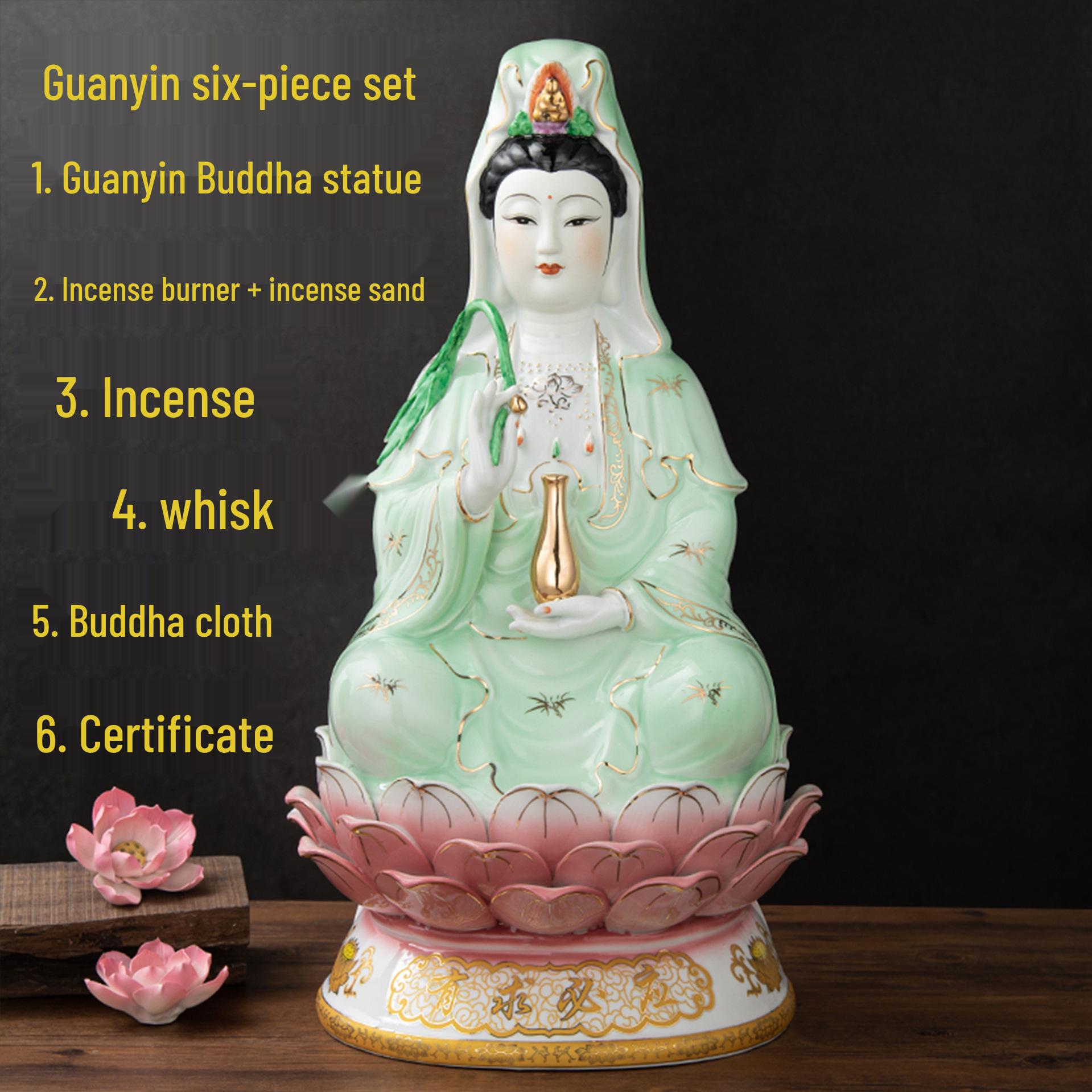 

Green-Robed Guanyin Bodhisattva Ceramic Figurine - Guanyin Goddess on Lotus