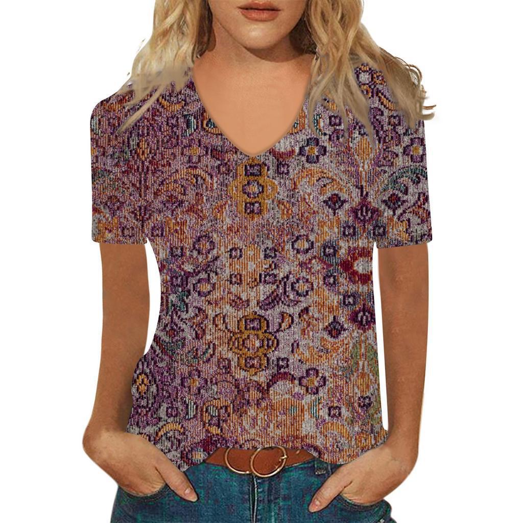 Sommer V-Ausschnitt 3D Abstraktes Retro-Muster Bedrucktes Oberteil Modische Lässige Kurzarm Damen T-Shirts