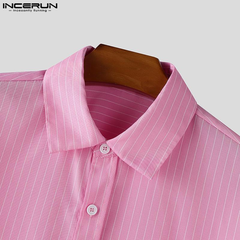 INCERUN Plus Size Men Spring Turn Down Collar Long Sleeve Striped Shirts Casual Tops