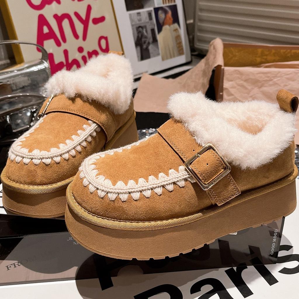 Leather lamb wool shoes metal buckle square head velvet cotton ladyshoes one pedal snow cotton muffin women's shoes tide