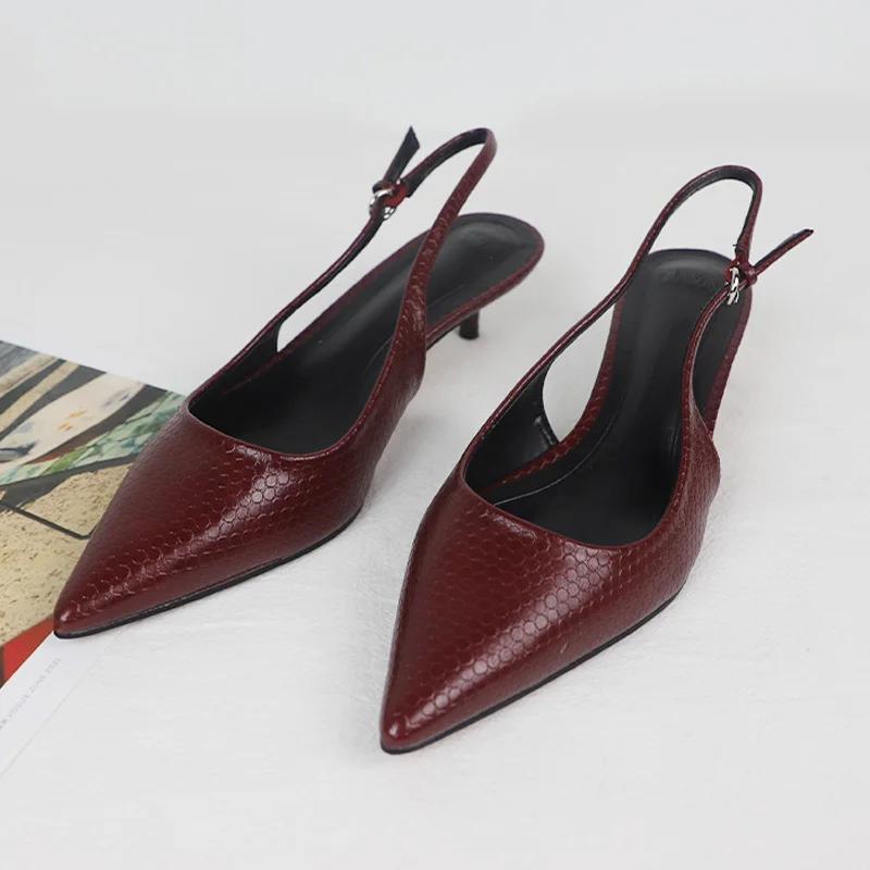 Women Summer Heels Sandals Woman Dress Shoes Snake Pattern Retro Style Pointed Mules Metal Buckle Work Office Pumps 36 вино красного