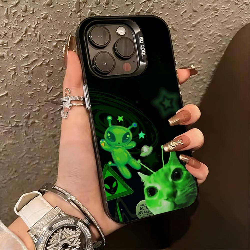

A-alien cat Green Phone Case For iPhone 17,16,15,14,13,12,11 Plus,Pro Max,XS,Colorful Silver Phone case Funda Cover iPhone13