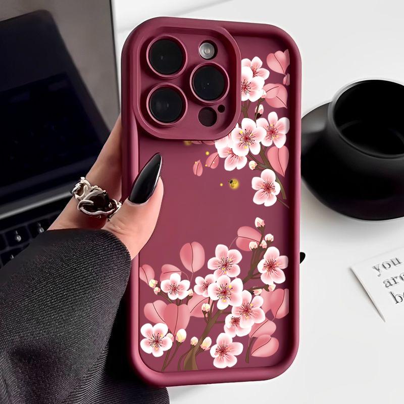

Для iPhone 16 Pro Max 15 Pro 14 Plus 13 12 11 XS 8 7 чехол для телефона розовый цветочный принт матовый противоударный защита линз TPU мягкий бампер чехол iPhone 7 / 8 / SE 2022 вино красного