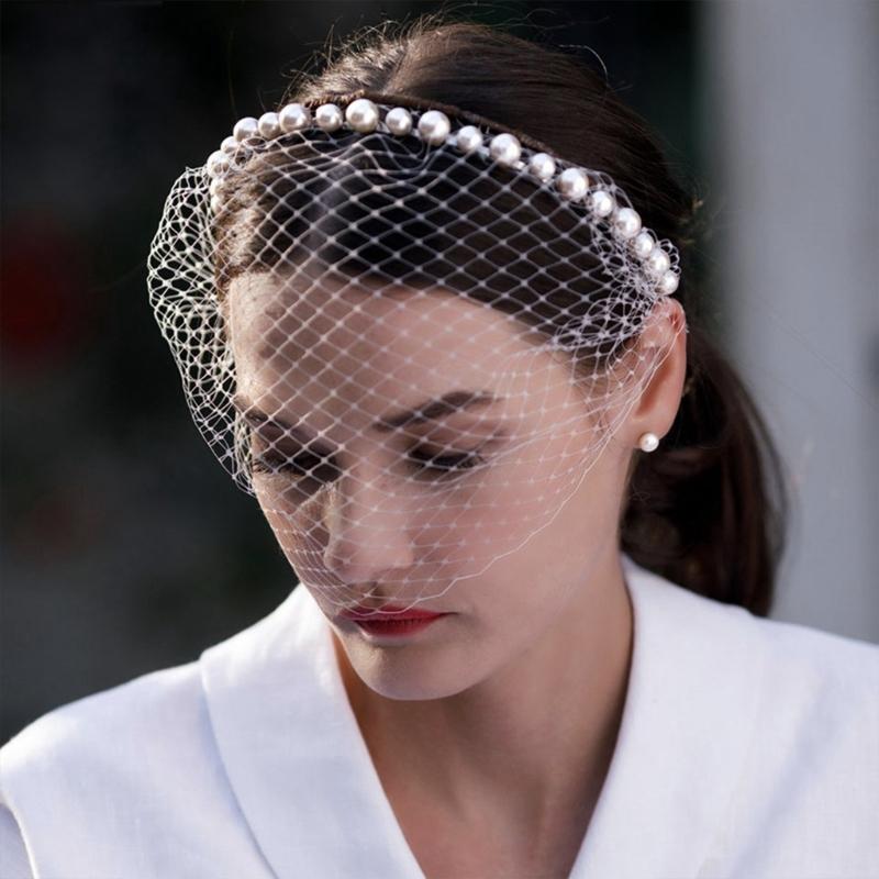 Mesh Bridal Veil Hairband With Pearls Decors For Bride Weddings and Special Occasion Gathering Dressingup Headpiece