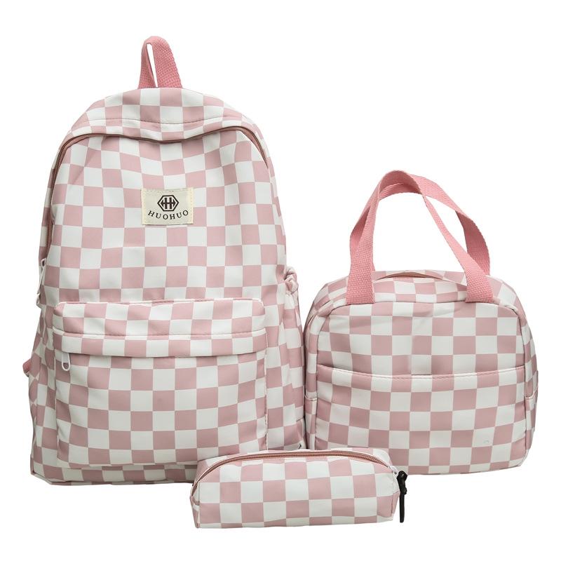 

Checkered Three-Piece Backpack Set: Student Backpack, Simple Handbag, Pencil Case No Pendant