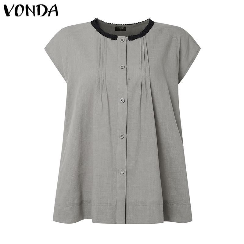 

VONDA Summer Women Sleeveless Stitching Pleated Casual Tank Tops 5XL серый