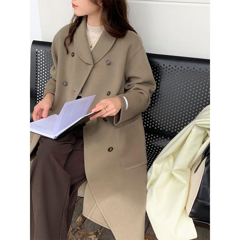Wind cute small lapel double-breasted coat commuter versatile double-sided hand-sewn cashmere coat women