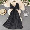 V-neck High Waist and Thin Hollow Bubble Sleeves Pleated Dress Seaside Vacation Pendulum Long Skirt Casual Style Short Sleeves