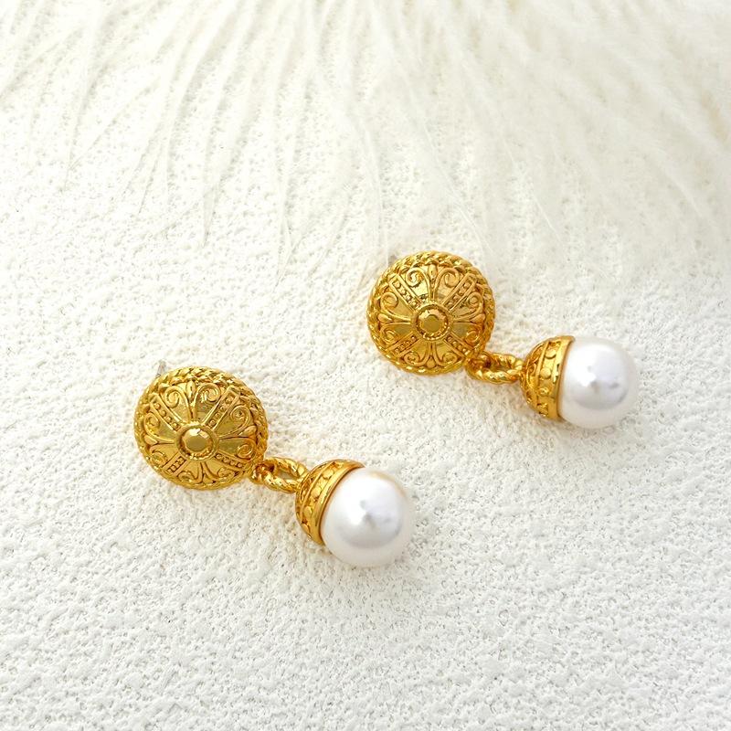 Manufacturer'S Supply Vintage French Relief Round Pearl Fringed Earrings Medieval Court Style Earrings Female Spot