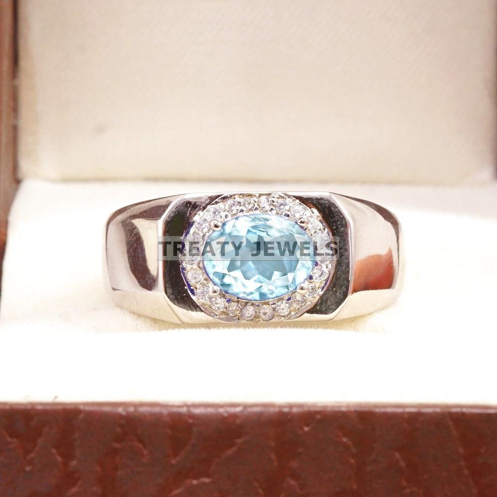 Aquamarine Oval Cut Gemstone With 925 Sterling Silver Ring For Men's #A757 JL375659103156