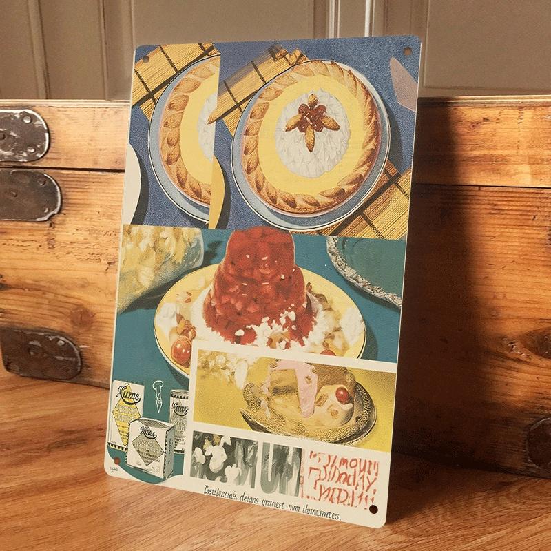 

1 piece of retro food illustration tin plaque, European-style nostalgic dessert decorative painting, living room/dining room wal (as the picture,20x30cm)