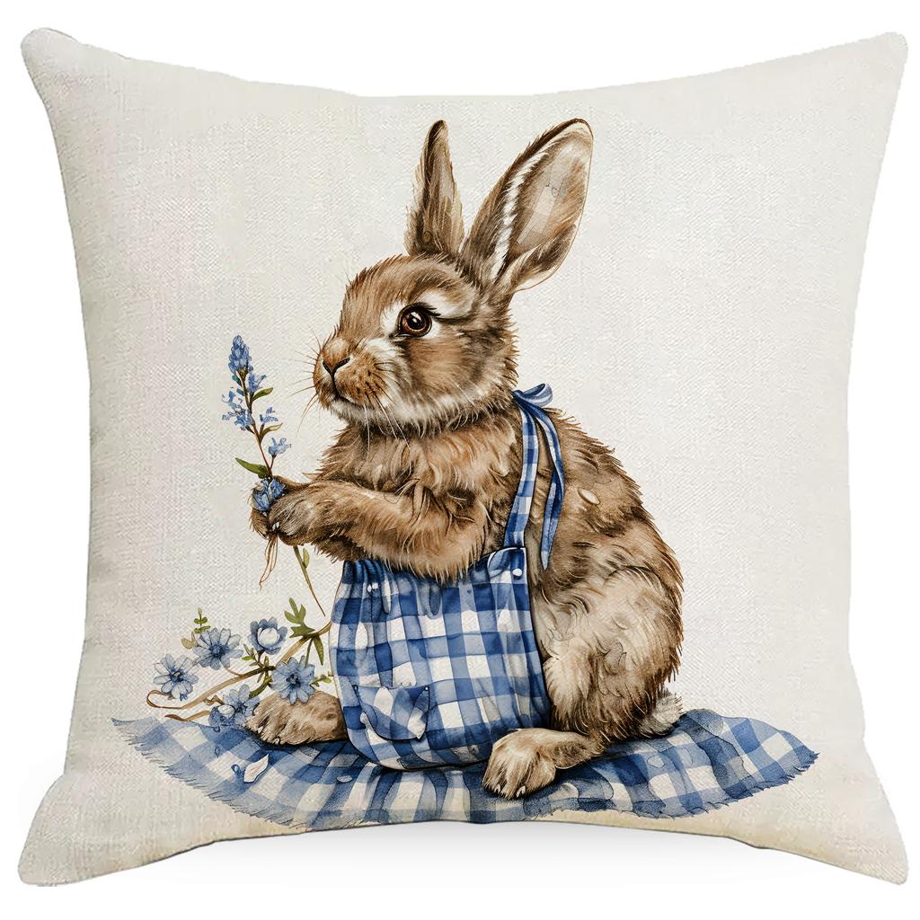 New Blue Plaid Easter Pillowcase Cushion Cover Cute Rabbit Truck Animal Pillowcase