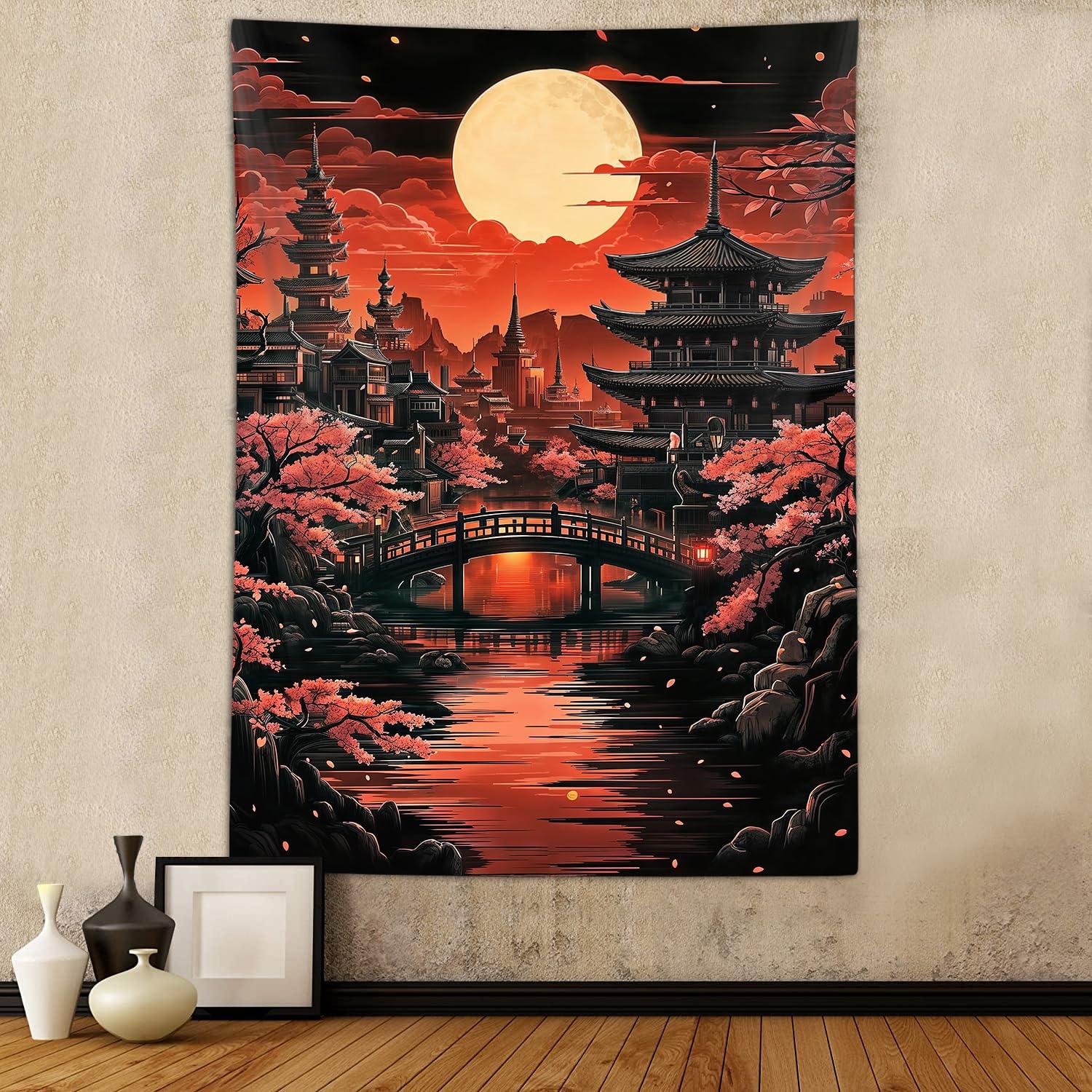 

VIKAMA Japanese Moonlit Cherry Blossom Ancient Castle Tapestry Art Vertical Dormitory Living Room Wall Hanging Room Decoration 74x94cm(29x37in)