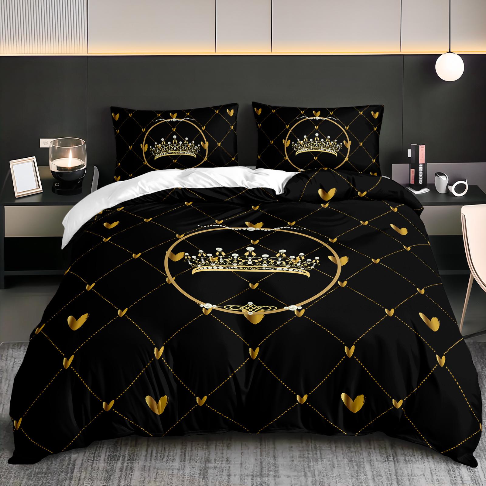 

3pcs Luxury Golden Crown Heart Bedding Duvet Cover Set Queen Princess Bedding Quilt Set Elegant Black Golden Themed Bed (135x200cm)