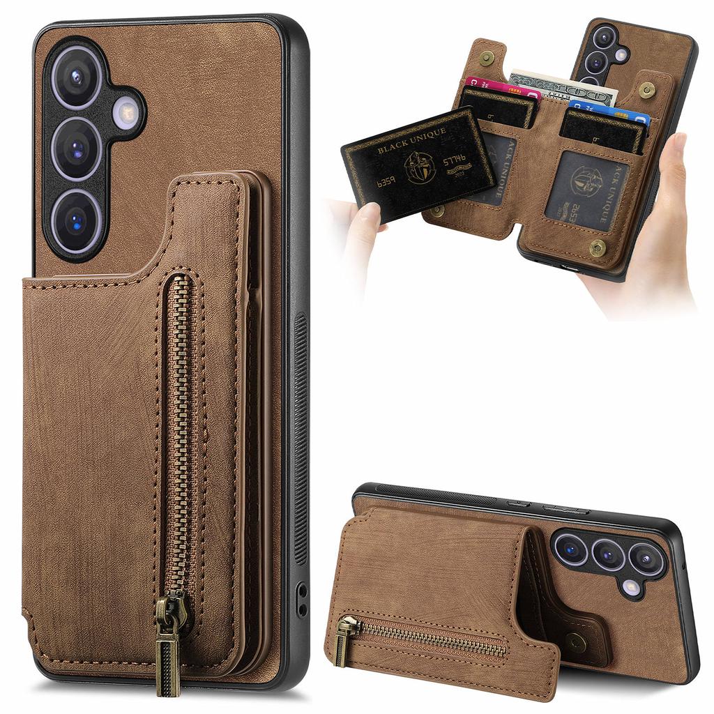 D15 For Samsung Galaxy S24 Wallet Case Retro PU+TPU Anti-scratch Kickstand Phone Shell