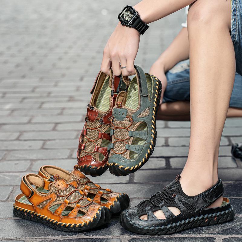 Men's Handmade Velcro Cowhide Mesh Beach Sandals - Summer Casual Breathable Outdoor Shoes