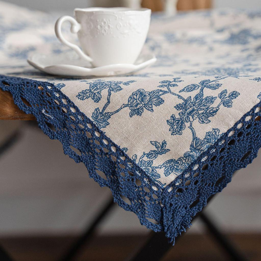Imanqi Yiyun Blue Rose Pastoral Cotton Linen Tablecloth with Lace Edge