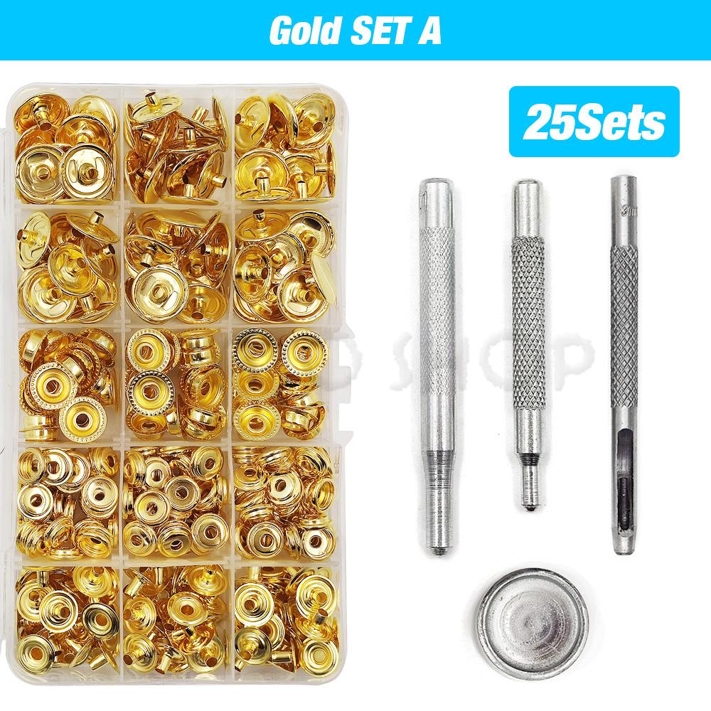 25Sets Metal Snaps Button Snap Fasteners Press Studs With 4 Installation Tools Kit For Clothes Garment Bags Shoes Leathercraft