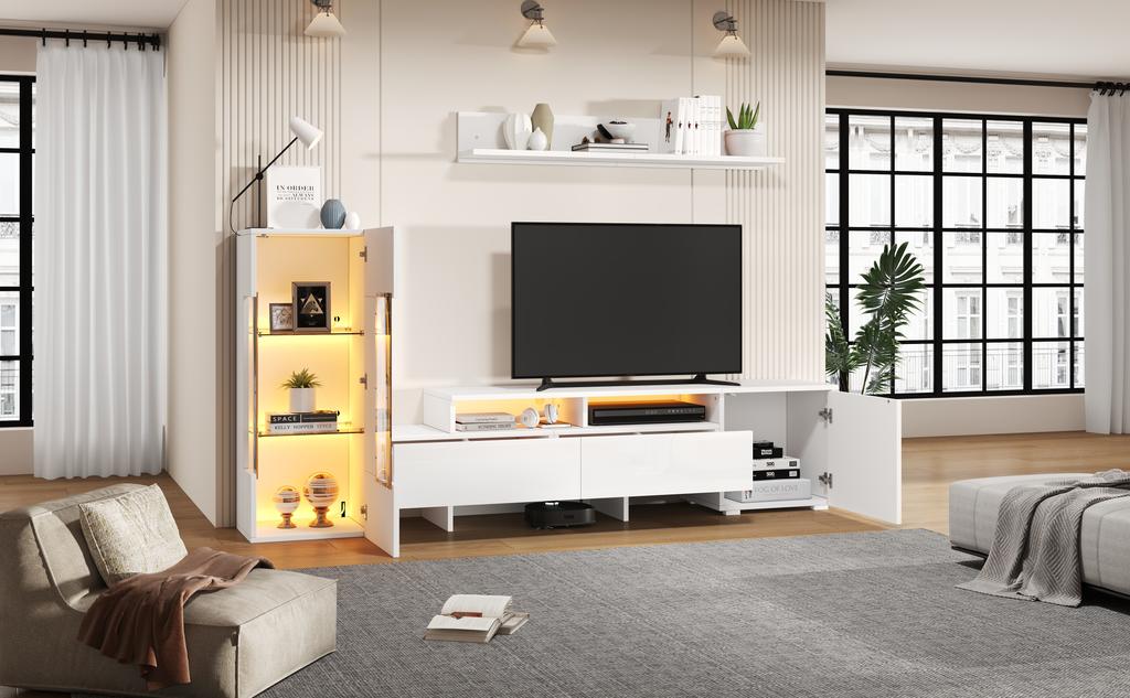 TV-Wandmöbel Set 3-teilig, Hochglanz, Moderner Schrank mit LED, Freistehend und Wandmontage, Acryltüren, Glasabtrennung, Weiß, TV bis 70'