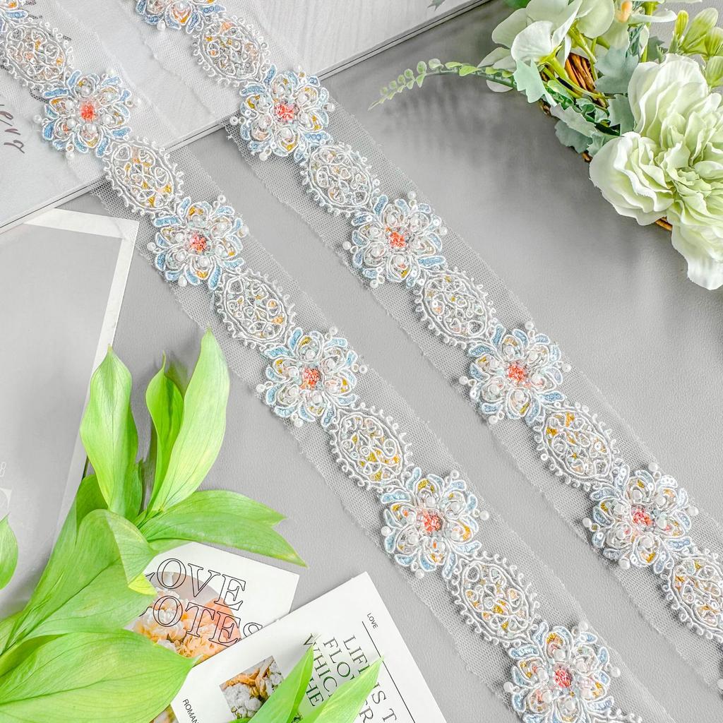 Mesh Hollow Blue Strand Beads Embroidery Barcode Clothing Dress Luggage Skirt Decorative Lace Accessories