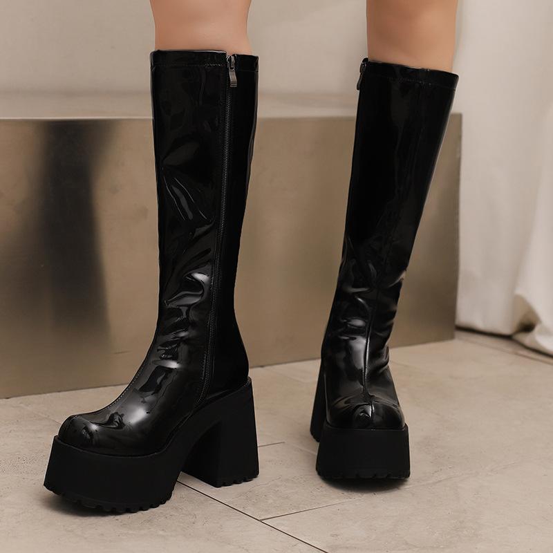 Outer Single Autumn and Winter Punk Style Thick-soled Large-size Zipper High-heeled High Boots