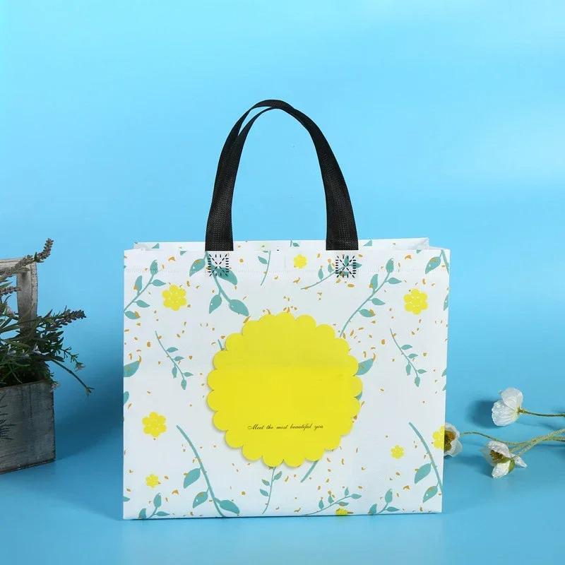 10PCS Rose Printing Packaging Shopping Bag Handle Waterproof Non Woven Fabric Gift Bags Black Clothing Store HandBag