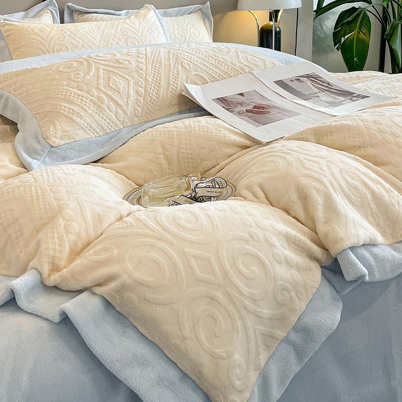 Light Luxury Embroidered Milk Fleece Bed Four-piece Set Winter Thickened Bed Sheet Quilt Cover Pillowcase