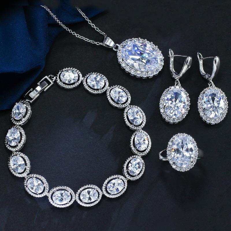 Dinner Wedding Set, Earrings, Ring Necklace, Four-Piece Set, Brass Micro-Zircon Jewelry.