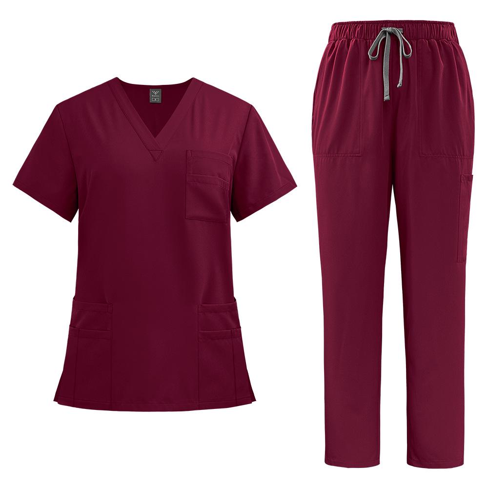 Unisex V-Neck Medical Work Scrub Suit with Pockets and Straight-Leg Pants