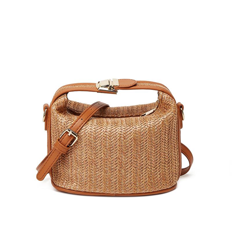 

Bucket bag grass woven small bag casual women s bag portable shoulder messenger bag summer new коричневый