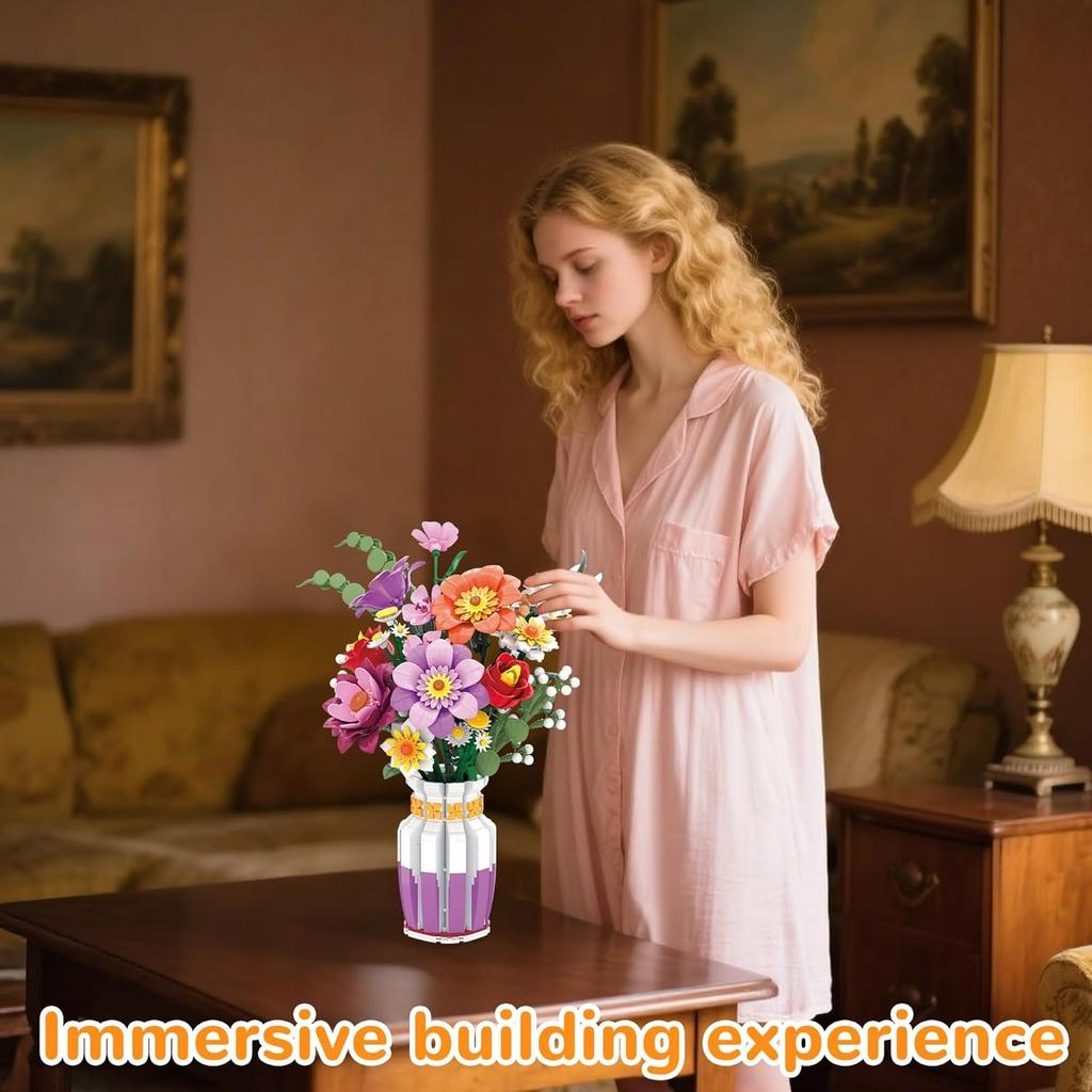 Flowers Bouquet Building Set Wildflower with Vase Compatible with Lego Botanical Collection for Adults Women Girls 14+ Home Office Decor