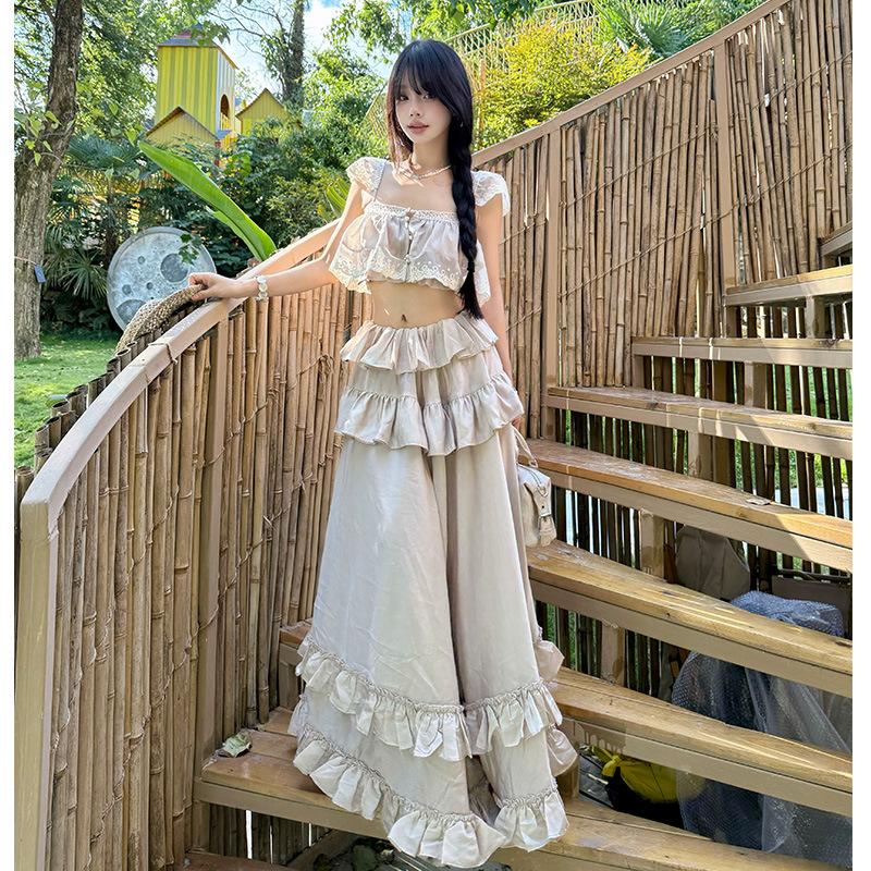 French beautiful island vacation ruffle edge split suspender dress super fairy princess style atmosphere set