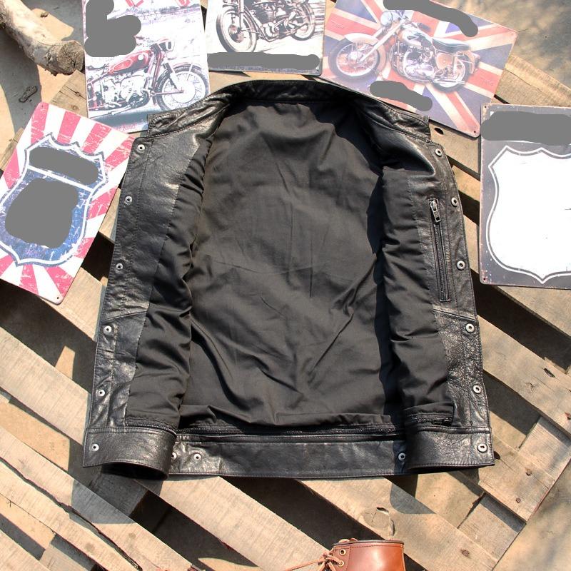 Produs nou: Vestă din piele naturală, tăbăcită vegetal, piele de oaie, culoare uni, guler ridicat, casual, croială slim, retro, motocicletă Harley, maiou, șa