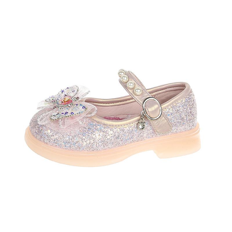 Girls' leather shoes with lights 2025 spring and autumn new children's bow rhinestone princess shoes baby girl soft sole single shoes tide