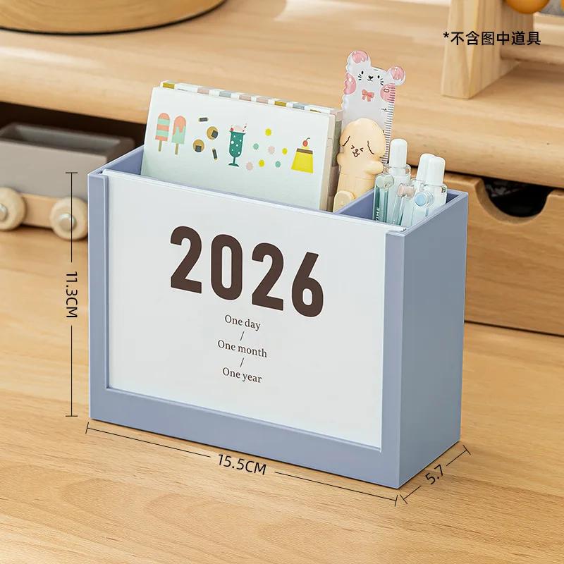 2025 & 2026 Productivity Calendar Stand Multifunctional Desk Organizer with Storage Box Cute Pen Holder for Home Office Decor