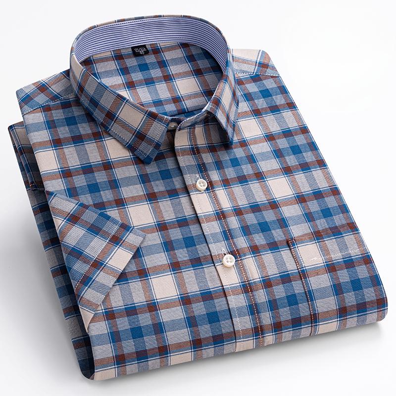2026 New Men's 100% Cotton Short sleeved Shirt  Single Chest Pocket Work Casual Standard-fit Plaid Striped Oxford Shirts 100KG