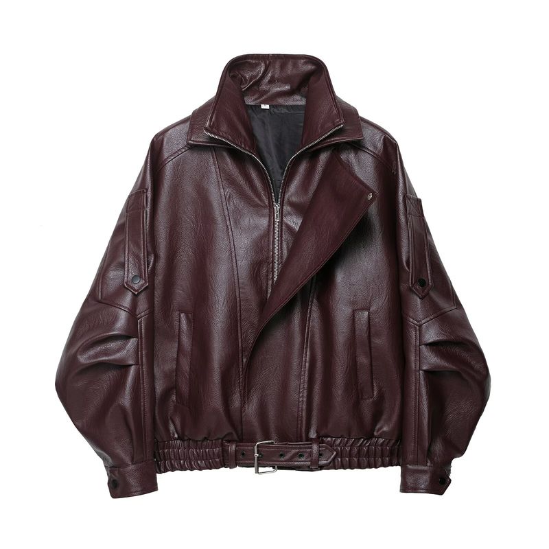 Kaslead New Women clothes Western Style Brown Leather Clothing Heavy Industry Sleeve Profile Short Locomotive Jacket