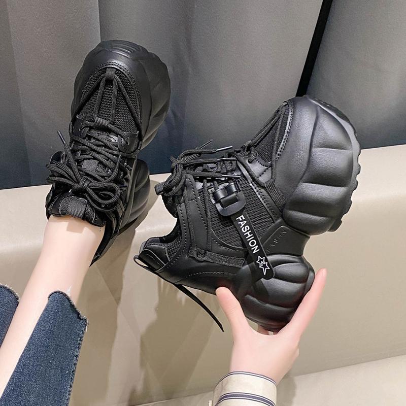 Fashion Black Chunky Sneakers for Women  Spring Hidden Heels Platform Sports Shoes Woman Thick Sole Breathable Casual Shoes