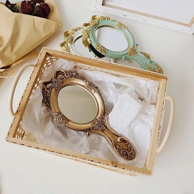 Vintage Handheld Makeup Mirror European Palace Style Princess Women Girls Oval Vanity Mirror Cosmetic Tool with Anti-Slip Handle