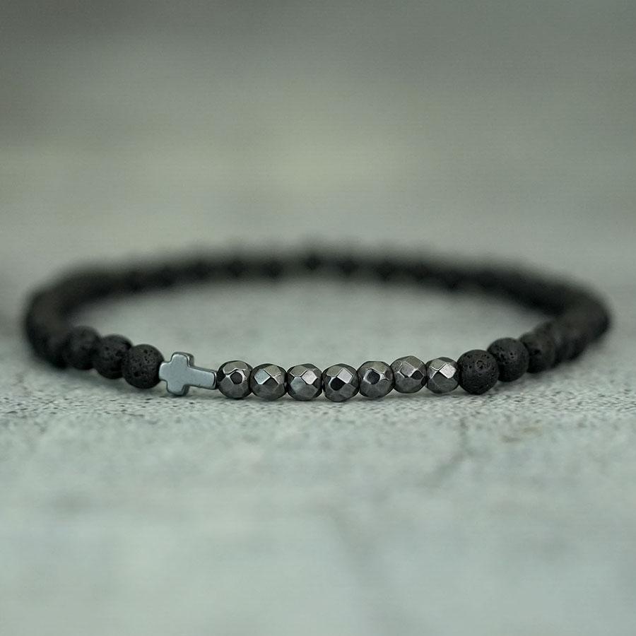 Fashion 4mm Beads Men Cross Bracelet Multi Sided Black Gallstones Healing Braclet Rosary Lava Howlite Hematite Braslet Hombre