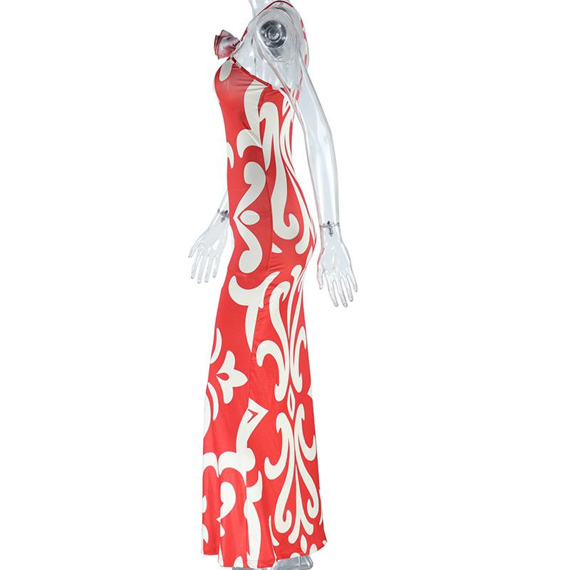 European and American Style Fashionable Women's Printed Sexy Sleeveless Hanging Neck Three-dimensional Flower Decoration Hip Hugging Dress
