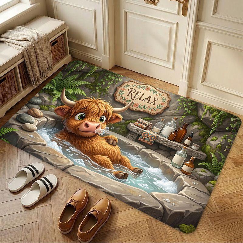 Scottish Highland Cow Relaxing Spring Non Slip Door Mat Floor Mat For Entryway Bathroom Kitchen Living Room