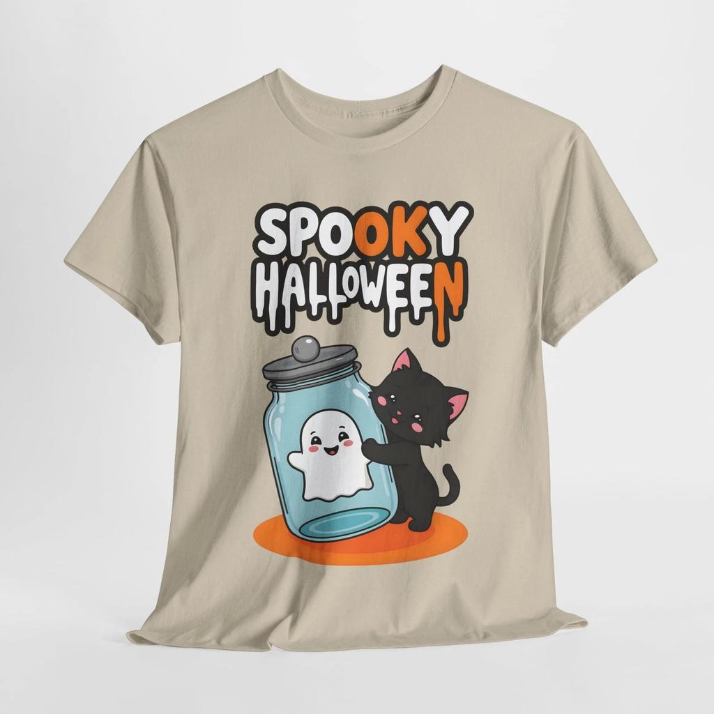 Spooky Halloween Vibes: Cat & Ghost Tee for Halloween Lovers