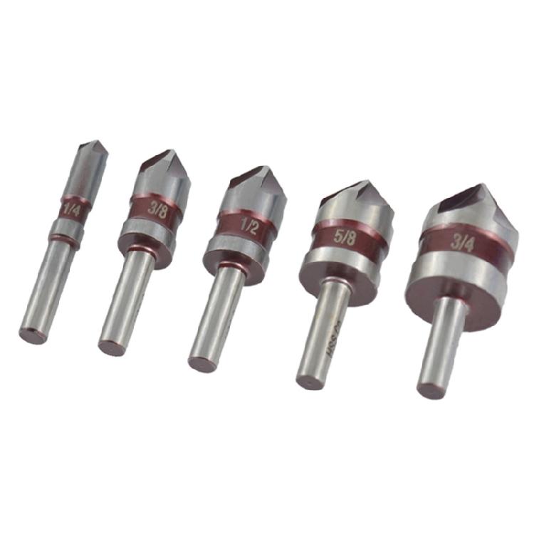 5pcs Chamfering Tool Set with 5% Cobalt Content and Round Shank 5 Flute Design Countersink Drill Bit for Wood Plastic