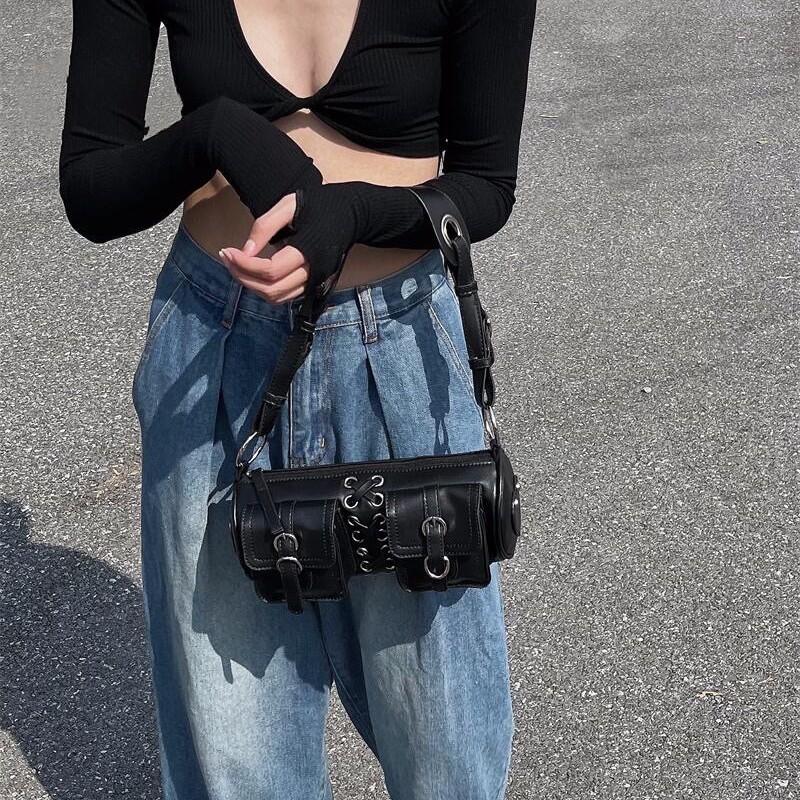 High-end Design Niche Hot Girl Bag Woven Double Pocket Cylinder Bag Underarm Bag Versatile Motorcycle Style Crossbody Bag