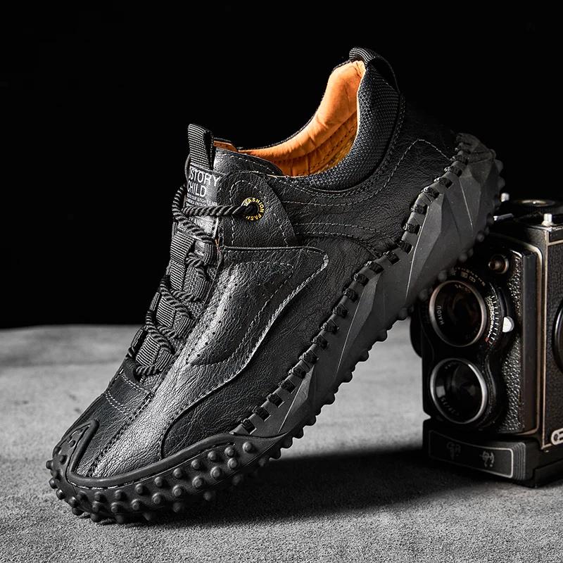 Leather Casual Shoes with Trendy Design Fits True To Size for Spring/Autumn Outdoor Hiking Sneakers Men