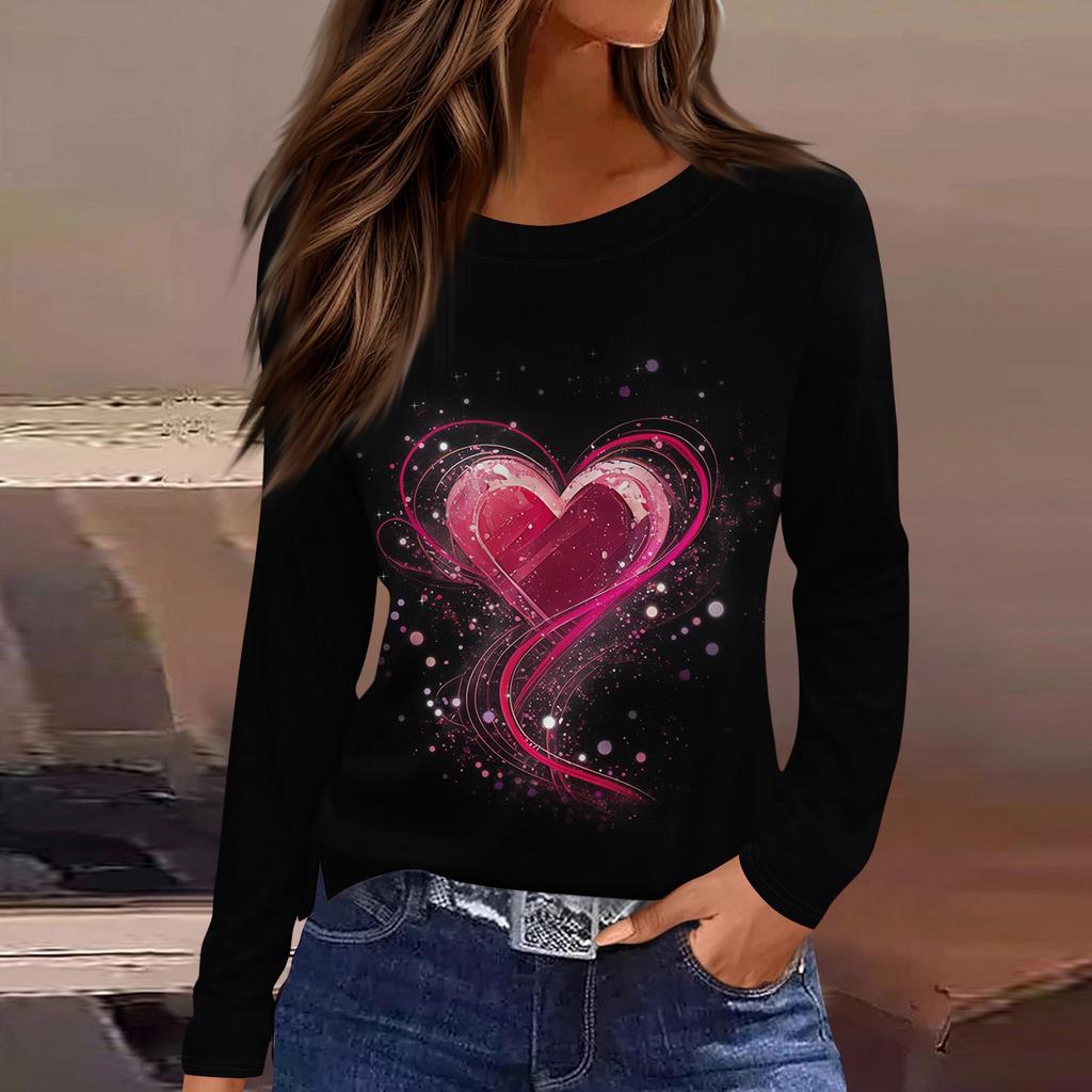 Damenmode Lässig Schlitz Saum Rundhals Langarm Lose Bedrucktes T-Shirt Damen Top