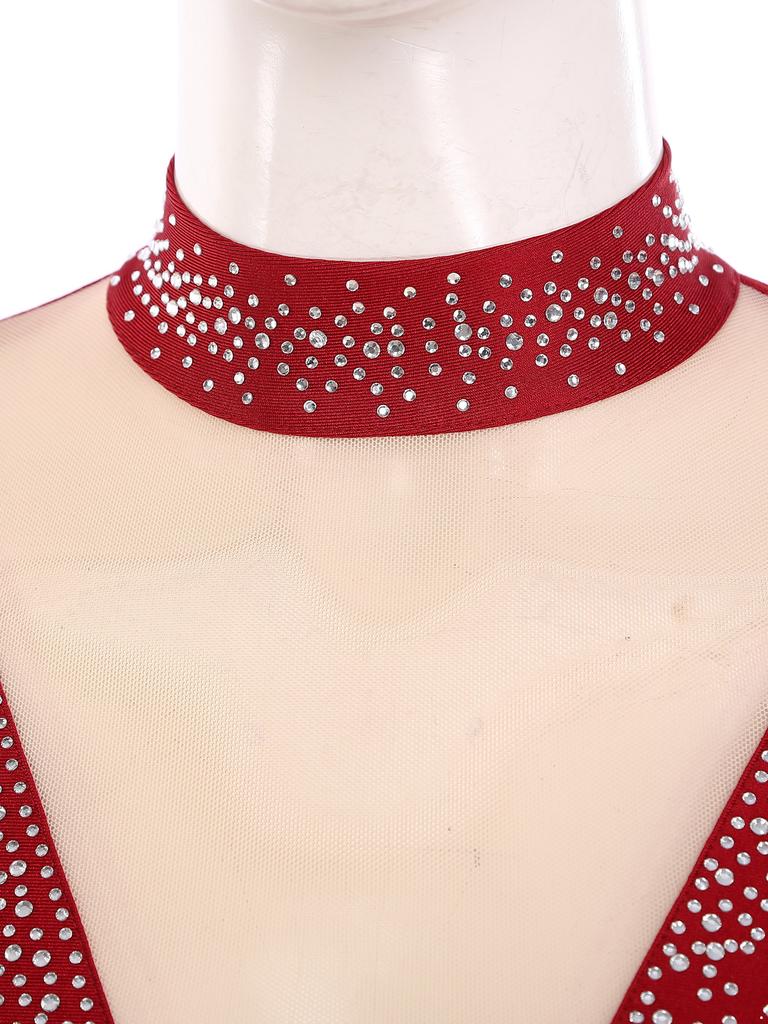 Dámské lesklé taneční šaty s kamínky - Latinský výkonnostní kostým Dlouhý rukáv Falešný výstřih Třásňový lem (S-XXL)